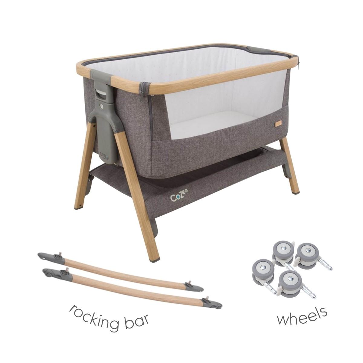 Tutti Bambini Cozee Bedside Crib Oak-Charcoal Free Castors and